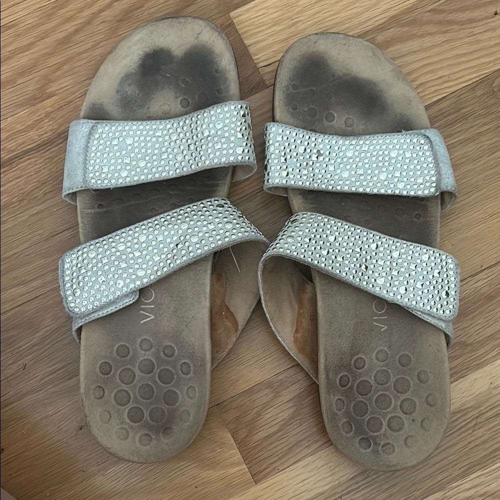 Vionic Silver Sandals with Adjustable Straps and Contoured Footbed